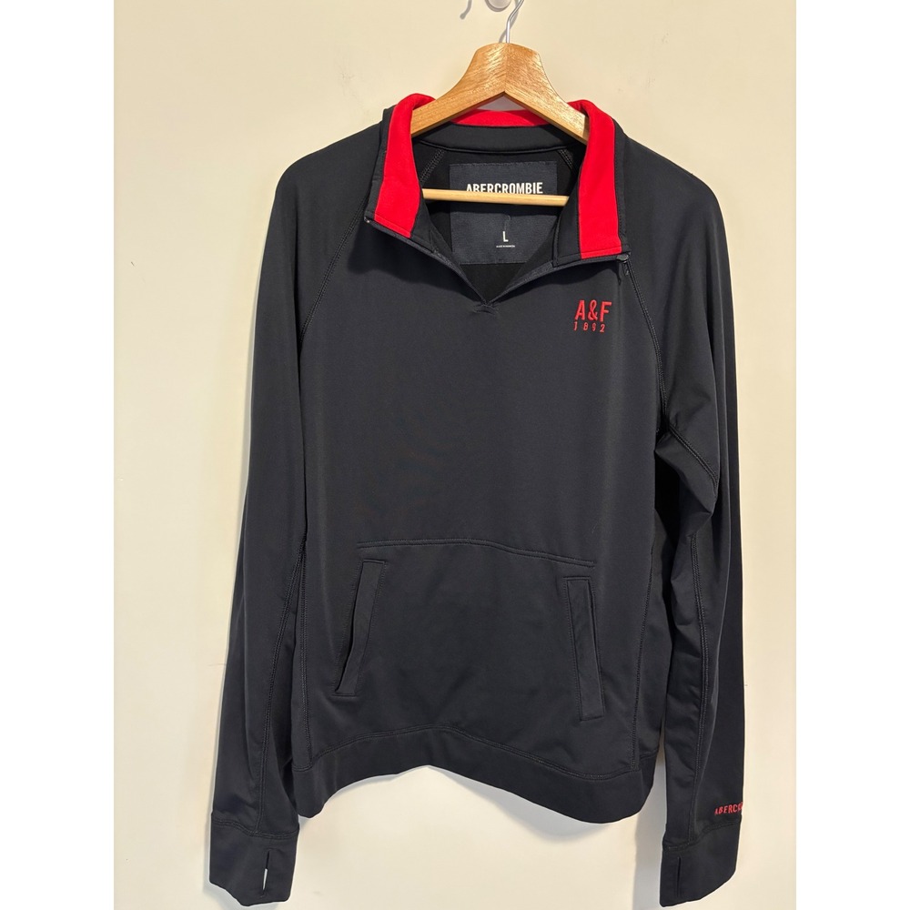 Abercrombie 1892 Womens Quarter Zip Pullover Black Red Thumbhole Top L flaw